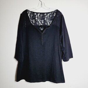 Lane Bryant Black Lace Top Plus Size 26/28 Cotton 3/4 Sleeve Pullover‎ Stretch